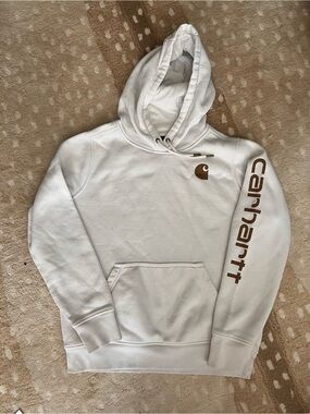 Carhartt Cream Hoodie with Brown Logo and Sleeve Script